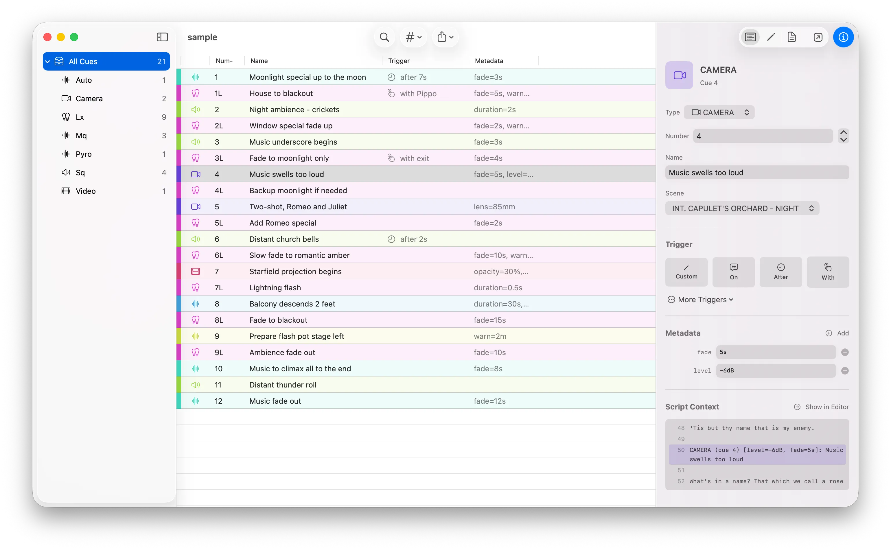 QBook cue list — parsed cues with type, trigger and metadata