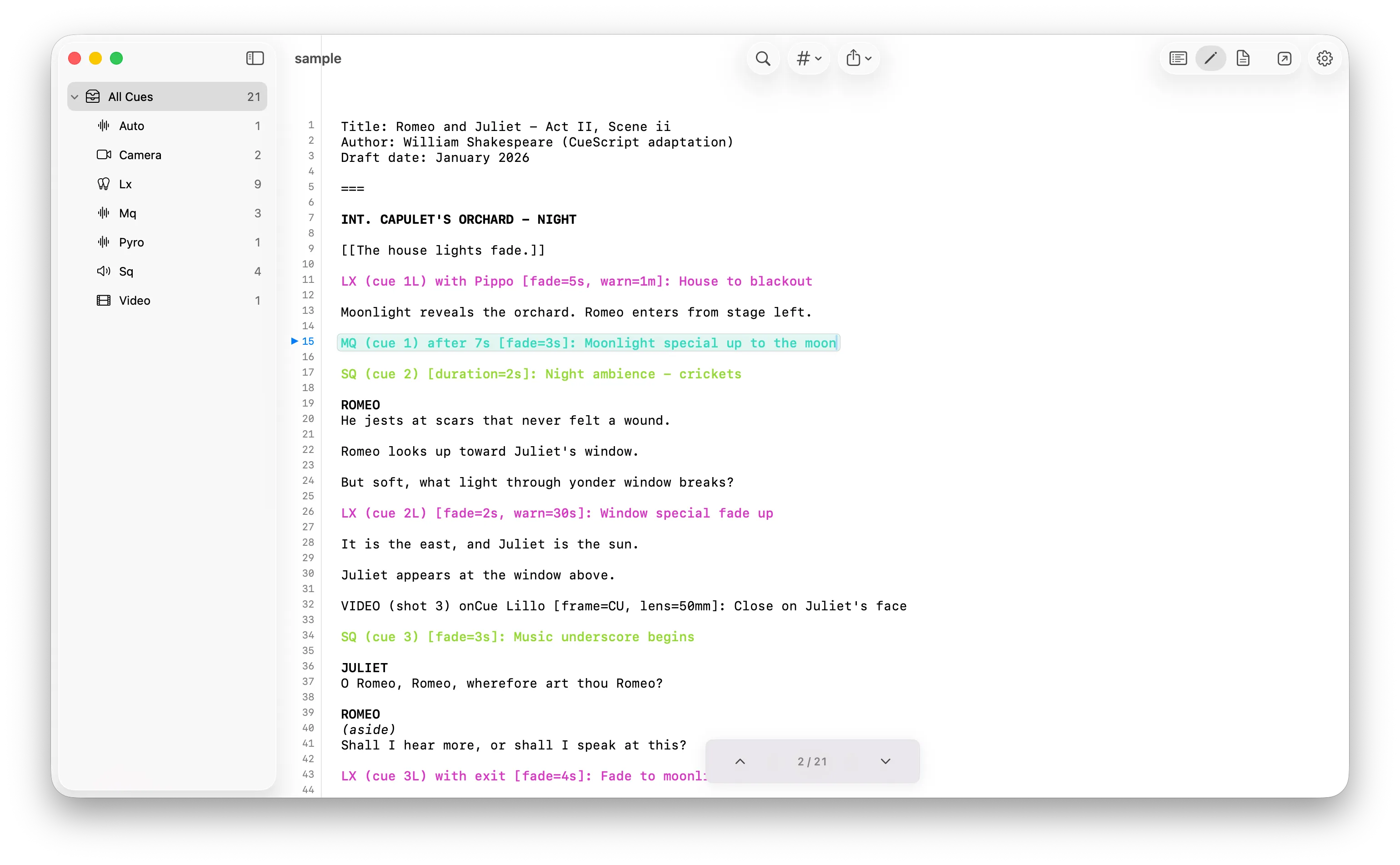 QBook script editor — Secuens cues annotated inside the script